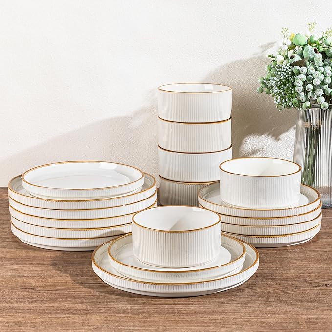 GBHOME Stoneware Dinnerware Sets for 4,Round Reactive Glaze Ceramic Plates and Bowls Set,Highly Scratch Resistant | Dishwasher & Microwave Safe Dishes Set,Service for 4(12Pcs),Pearl White