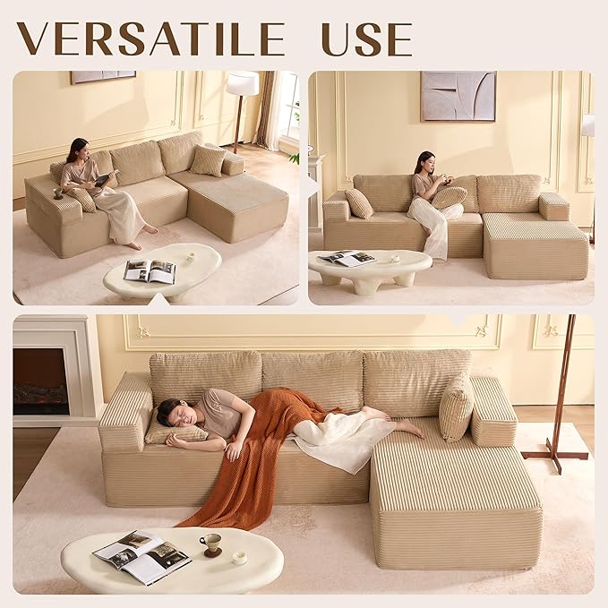 107" Boneless Couch with Deep Seat, Modular Sectional Sofa, Cloud Sectional Couch for Living Room, No Assembly Required, Corduroy, L-Shape Right?Camel