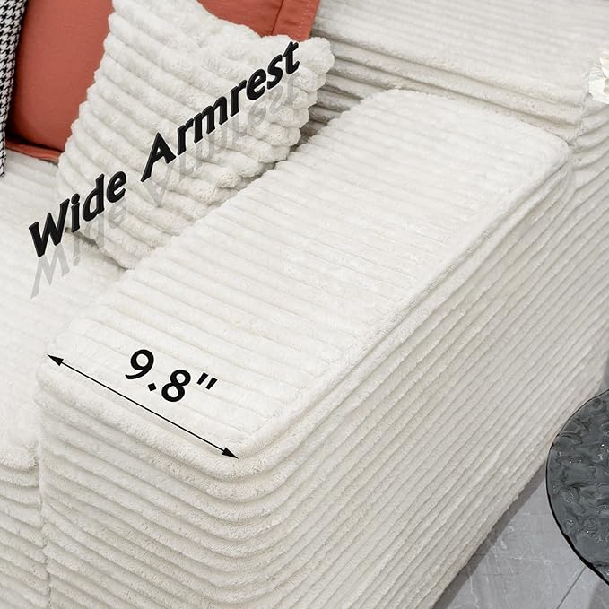 3-Piece Boneless Modular Sectional Sofa, Cloud Couch, Right Facing Chaise with Ottoman, Oversized Deep Seat, Soft Corduroy Fabric, Sectional Couch for Living Room-White