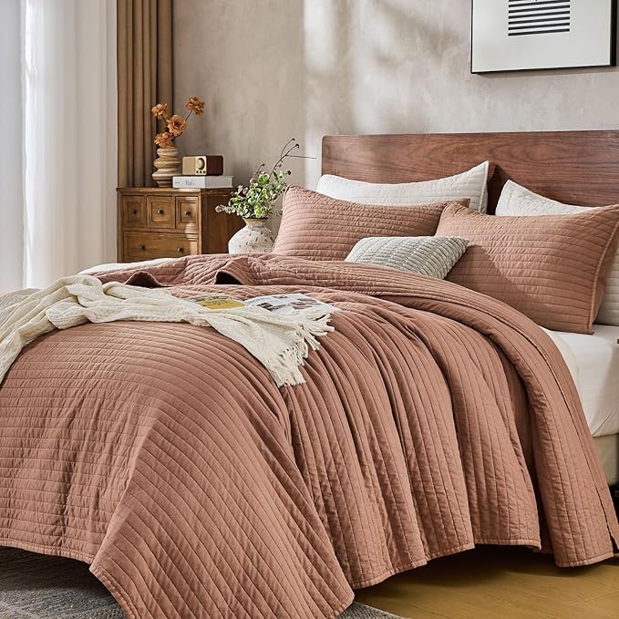DOWN HOME King Quilt Bedding Set with Shams, Vintage Washed Soft Quilted Blanket Thin Comforter Lightweight Bedspread Coverlet Bed Cover, Brushed Microfiber Stripe Stitching, Desert Blush, 104"x90"