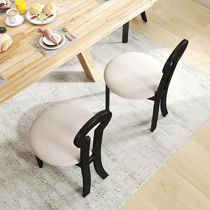 Wooden Dining Chairs Set of 2 Upholstered Kitchen & Dining Room Sherpa Chairs, Mid Century Modern Dining Chairs White with Black Legs