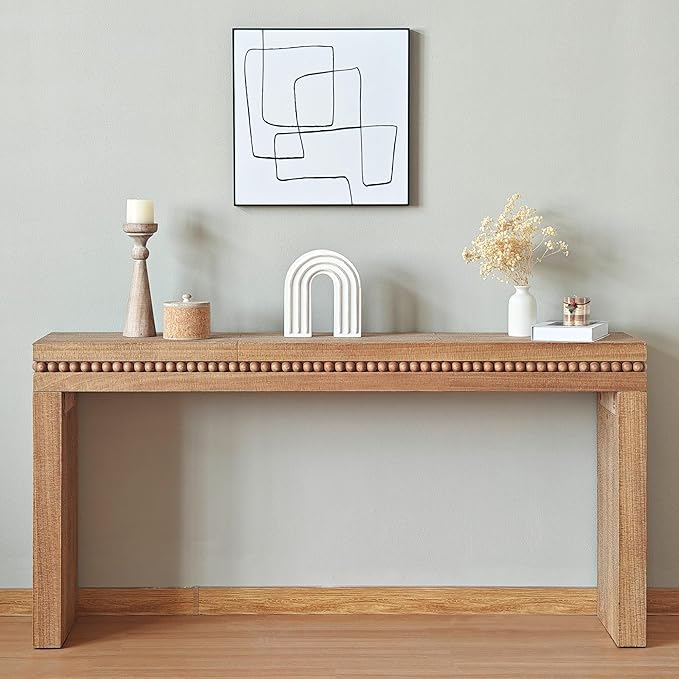 Console Table for Living Room, Long Sofa Table Behind Couch with Real Wood Beads Decoration, Retro Entryway Table for Hallway Foyer (64 Inch, Antique Natural)