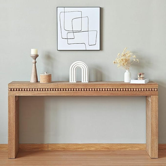 Console Table for Living Room, Long Sofa Table Behind Couch with Real Wood Beads Decoration, Retro Entryway Table for Hallway Foyer (64 Inch, Antique Natural)