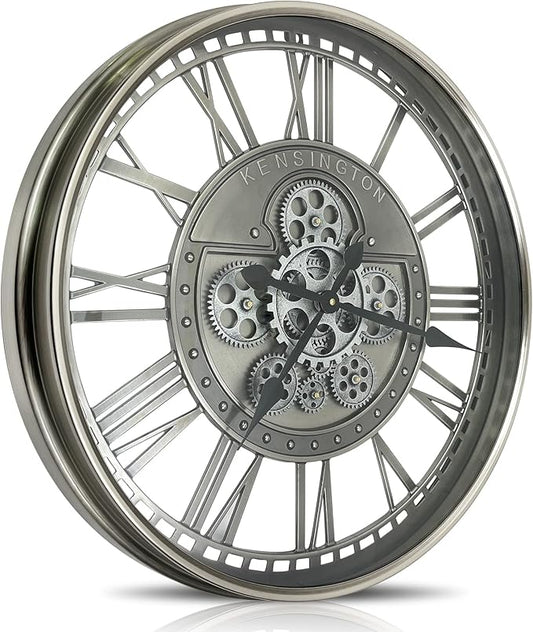 DORBOKER Real Moving Gears Wall Clock Large Modern Metal Clocks for Living Room Decor, Industrial Steampunk Unique Vintage Rustic Decorative Clock for Home Farmhouse Office, 27.6 Inch,Gunmetal Roman
