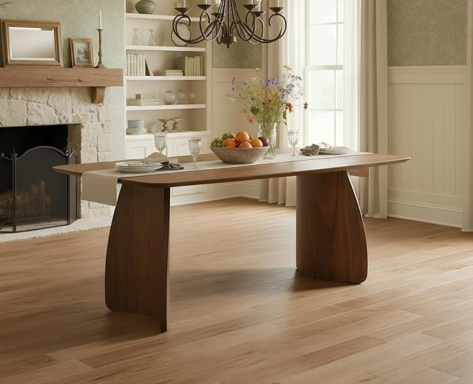 70 Inch Large Dining Table for 6-8 People, Solid Wood Kitchen Table with Curved Wooden Legs, Mid Century Modern Rectangular Long Dinner Table for Dining Room, Walnut