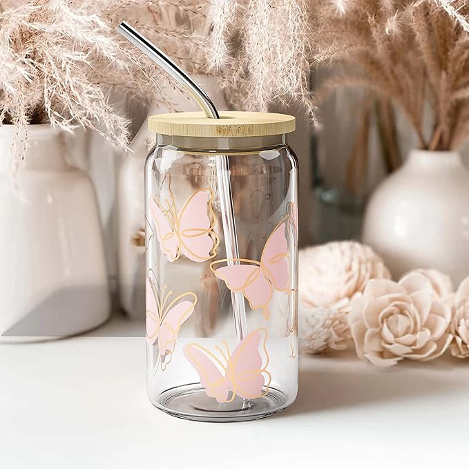Butterfly 16 oz Mason Jar Cups | Bamboo Lids & Straws | Glass Cups for Iced Coffee, Boba & Smoothies
