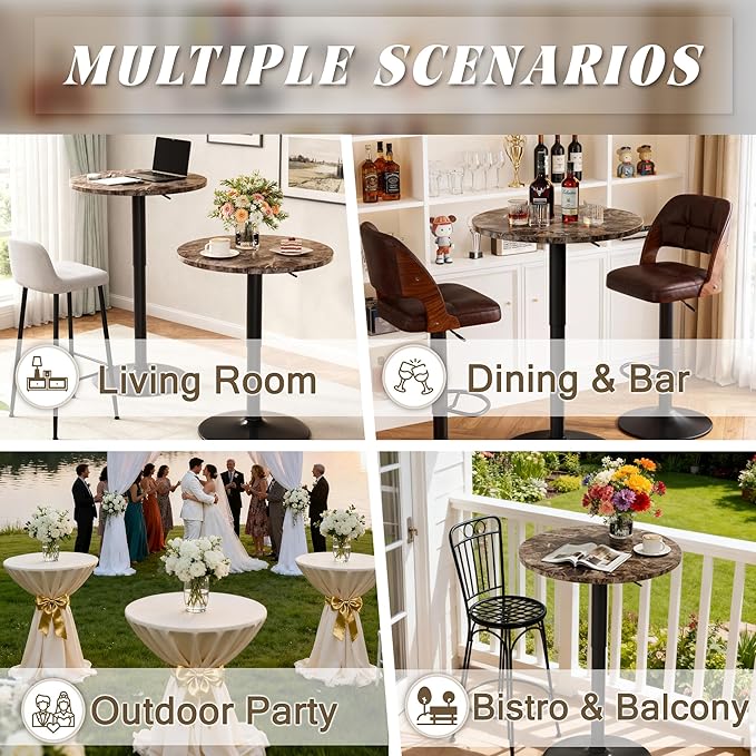 Shahoo Round Bar Table, Adjustable Height and 360° Swivel Bistro Pub Table, Cooktail Table for Bar, Bistro, Dining Room, Faux Marble