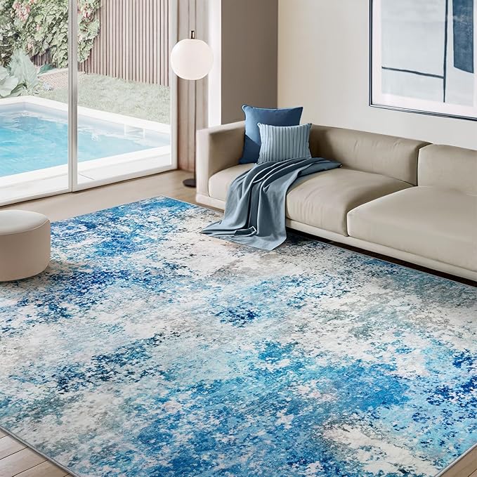 9x12 Area Rugs Living Room Rug - Washable Neutral Modern Abstract Large No Slip Soft Thin Rug Indoor Floor Carpet for Bedroom Under Dining Table Home Office Nursery Room - Blue White