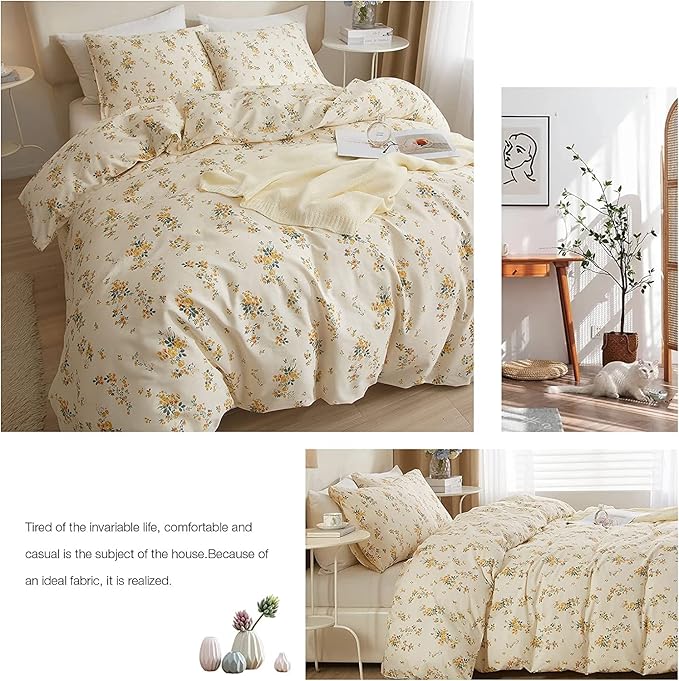 LifeTB Bed Linen Set, Queen Botanical Floral Duvet Cover Set with 2 Pillowcases, 100% Cotton, Zipper Closure, 90x90in