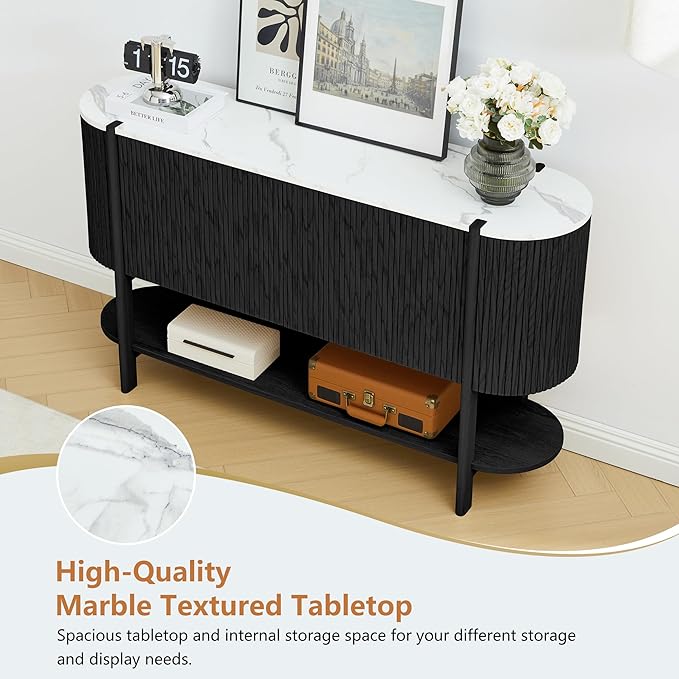 Console Table with Storage, Fluted Entryway Table with 2 Doors and Open Shelf, Long Sofa Table Behind Couch for Living Room, Hallway (Black)