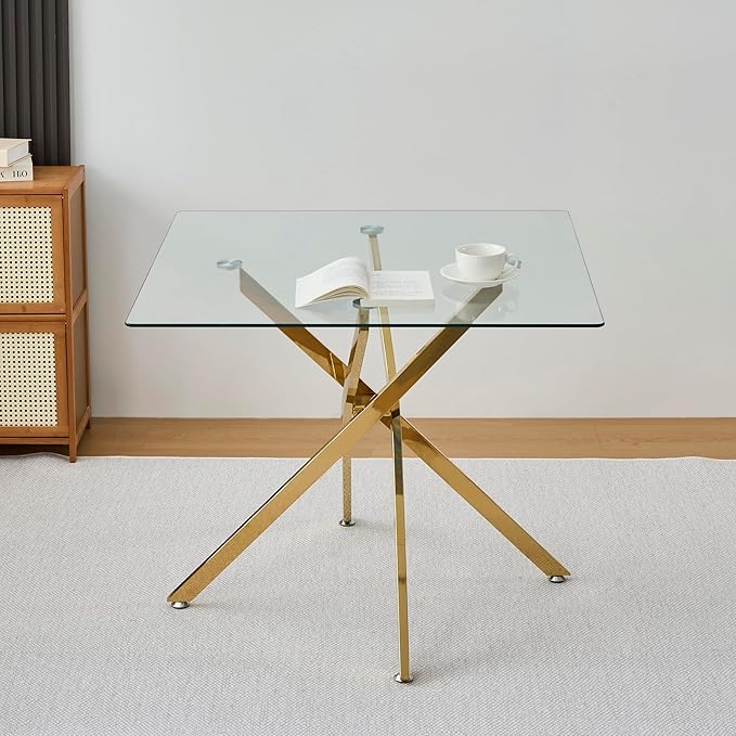 36" Square Glass Dining Room Table for 4 with Tempered Glass Top and Gold Chrome Metal Legs, Modern Clear Kitchen and Dinner Table for Home Office Dining Room