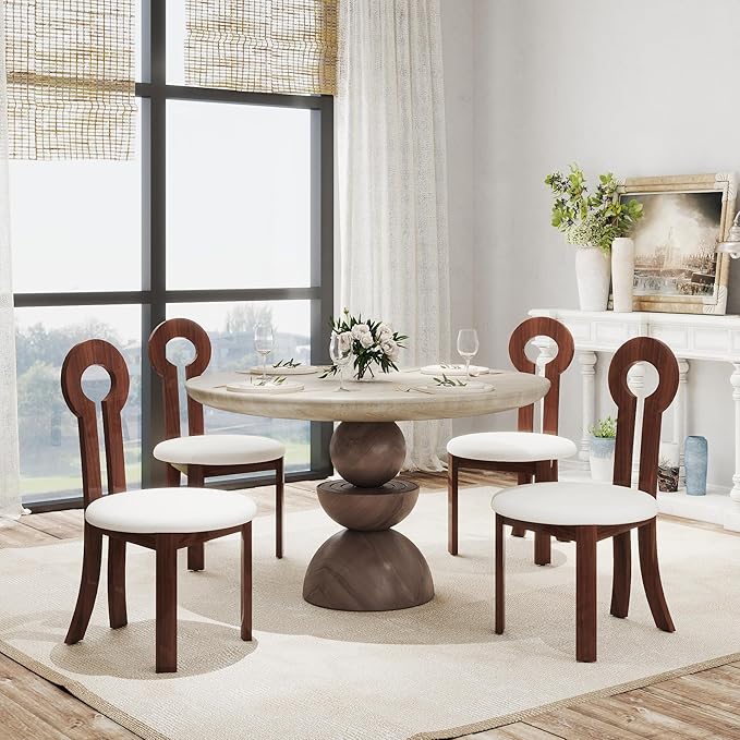 Wooden Dining Chairs Set of 4 Upholstered Kitchen & Dining Room Sherpa Chairs, Mid Century Modern Dining Chairs White with Walnut Legs