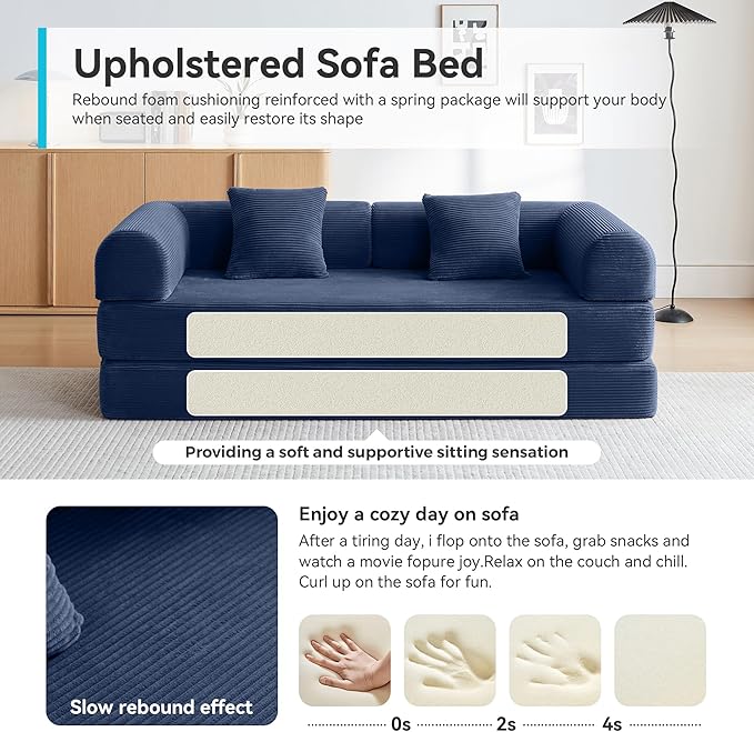 Convertible Sofa Bed with Cylindrical Pillow,Comfy Floor Sofa Bed Compressed Sofa in Box, Convertible Sofa Bed for Living Room Bedroom Lounge Studio, Comfy High Density Foam Mattress(Navy Blue)
