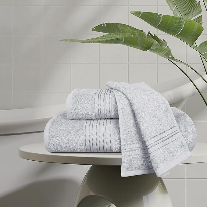 BOUTIQUO Ultra Soft 3 Pack Cotton Towel Set, Contains a Bath Towels 28x55 inch, a Hand Towels 16x24 inch & a Wash Coths 12x12 inch, Ideal Everyday use, Compact & Lightweight - Light Grey