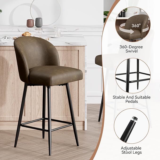 Counter Height Bar Stools Set of 2,360° Swivel Barstools with High Back and Metal Legs,26" Seat Height, Upholstered PU Leather Bar Chairs for Kitchen Island, Dining Room,Cafes,Dark Brown