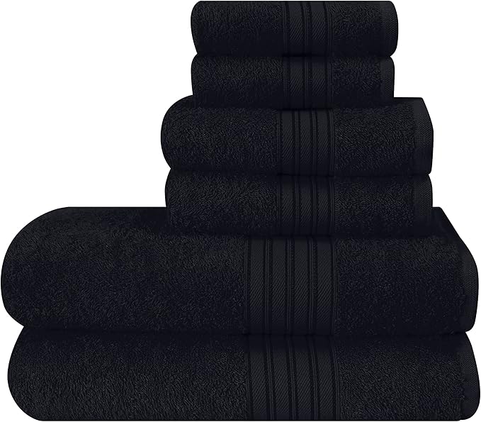 BOUTIQUO 6 Pack Cotton Towel Set, Contains 2 Bath Towels 28x55 inch, 2 Hand Towels 16x24 inch & 2 Wash Coths 12x12 inch, Ideal Everyday use, Ultra Soft Compact & Lightweight - Black
