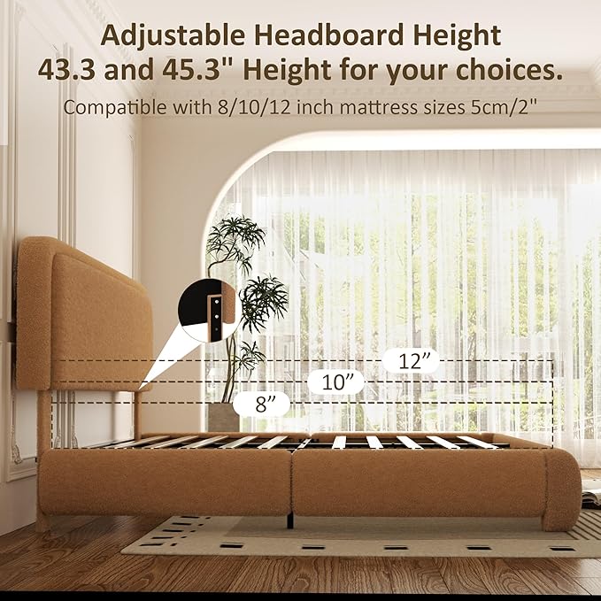 King Bed Frame, Teddy Velvet Boucle Bed Frame with 43.3"/45.3" Adjustable Upholstered Headboard, Rounded Corners, Mattress Foundation, No Box Spring Required, Brown