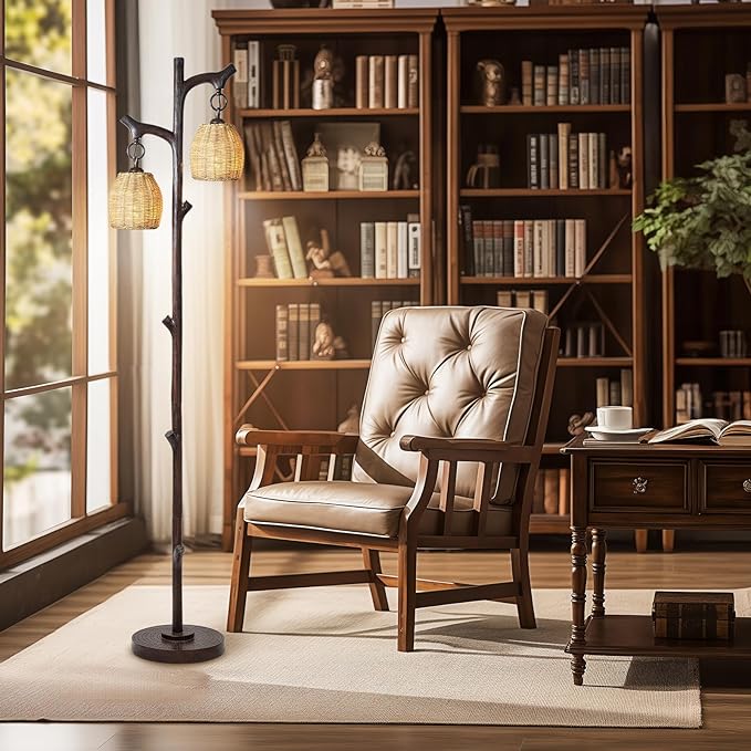 68" High Farmhouse Rustic Country Cottage Floor Lamp Tree Trunk Faux Wood Column Dark Bronze Wicker Drum Shade Decor for Living Room Bedroom Reading Room