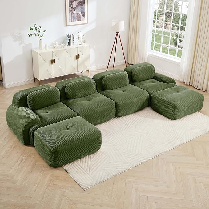 Green Ottoman for Modular Sectional Sofa, Corduroy Deep Seat for Oversized Compressed Boneless Sectional Couches for Living Room Bedroom Apartment, Cloud Sofa Couch Set, Memory Foam, No Assembly