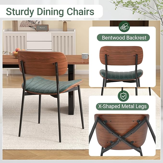 Mid Century Modern Dining Chairs Set of 2,Upholstered Faux Leather Kitchen Chairs with Walnut Bentwood Back and Metal Legs for Kitchen Dining Room Living Room, Green