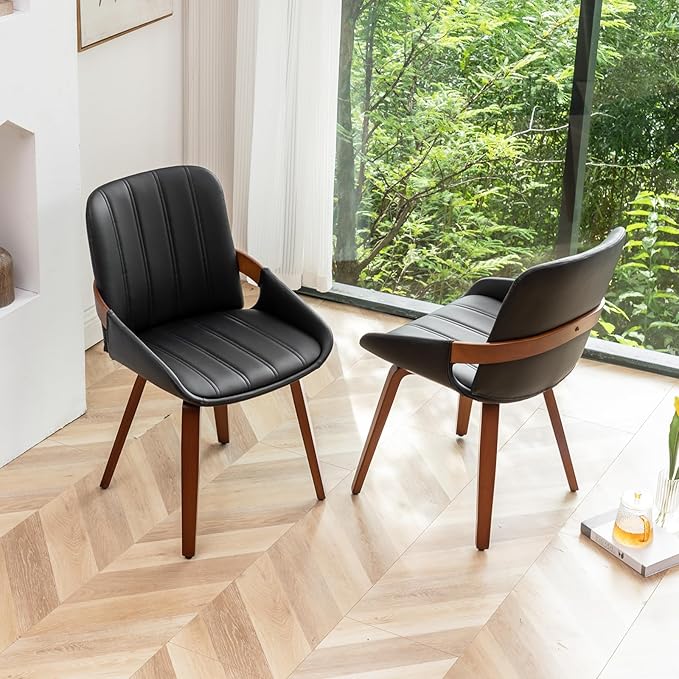 Mid Century Modern Faux Leather Upholstered Dining Chairs,Armless Accent Chairs with Sturdy Natural Wood Legs,Bamboo Backrest Support for Kitchen&Dining Room Chairs(1PCS,Black)