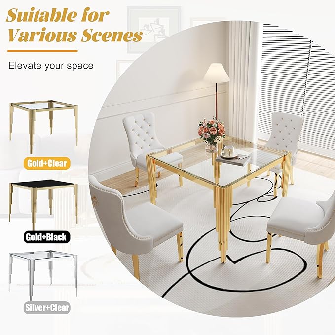 3 Piece Glass Dining Table Set, 35" Square Glass Kitchen Table with 2 White Velvet Upholstered Chairs, Gold Dining Table for 2 with Chairs Set for Kitchen, Living Room