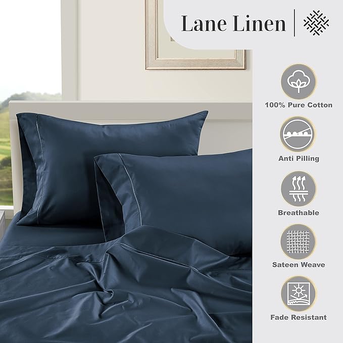 LANE LINEN 100% Egyptian Cotton Bed Sheets - 3-Piece Twin XL Set Long Staple Bedding Sateen Weave Luxury Hotel Fits Upto 15" Mattress - Dark Denim