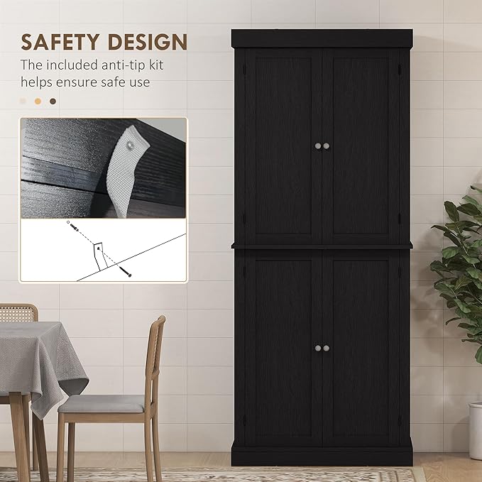 HOMCOM 72.5" Freestanding Kitchen Pantry Cabinet, Tall Storage Cabinet with 4 Doors and 2 Adjustable Shelves for Dining Room, Black Wood Grain