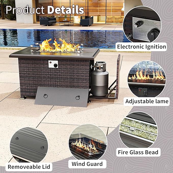 Gotland 11 Pieces Patio Furniture Set with Fire Pit Table Swivel Chairs, PE Rattan Outdoor Furniture with 29.5'' High Backrest 4’’ Thick Cushions, Outdoor Sectional for Porch, Deck, Garden, Khaki