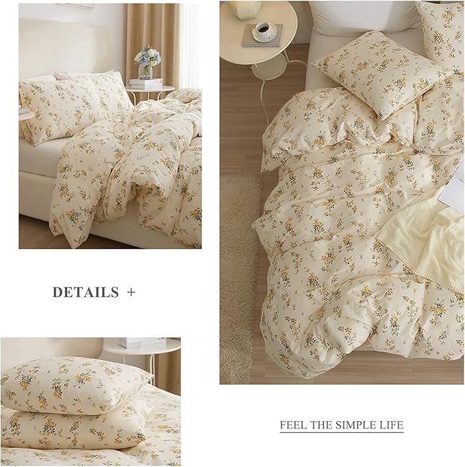 LifeTB Yellow Flower Duvet Cover Set Twin Girls Yellow Floral Duvet Cover Chic Garden Flower Bedding Sets Cotton Botanical Floral Duvet Comforter Cover 1 Twin Duvet Cover with 2 Pillow Shams