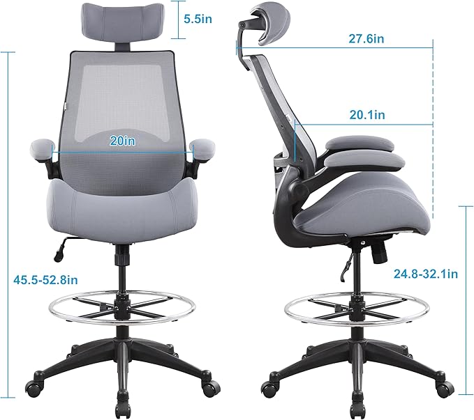 BOLISS 400lbs High Back Computer Office Drafting Chair Flip up Armrests Lumbar Support Adjustable Big Footrest Ring (Grey)