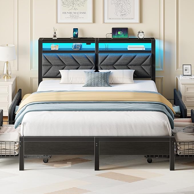 Seventable Full Size Bed Frame with 4 Storage Drawers, Charging Station & LED Lights, Upholstered Headboard with 2-Tier Shelves, Metal Platform Bed, No Box Spring Needed, Noise-Free, Grey