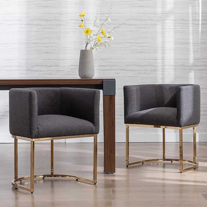 Linen Fabric Dining Chairs Set of 6 Modern Barrel Arm Chairs with Black Frame, Upholstered Kitchen Chairs 18.5" Wide Accent Chairs for Living Room Dining Room Restaurant, Charcoal