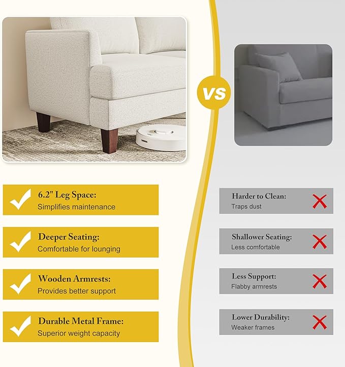 3 Seater Sofa Couch with Deep Seats, 89" Mid Century Modern Upholstered Sofa with Armrests, Comfy Couches for Living Room, Bedroom, Apartment and Office (Beige)