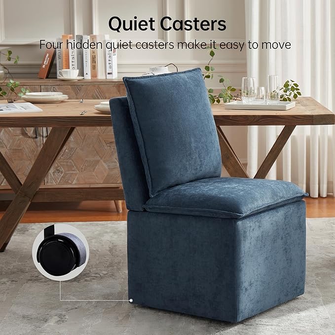 VKNOW Upholstered Dining Chairs Set of 4, Modern Rolling Chairs with Storage and Wheels, Linen Armless Chair with Cushion and Backrest, Dining Room Chairs for Living Room Kitchen Bedroom, Nav
