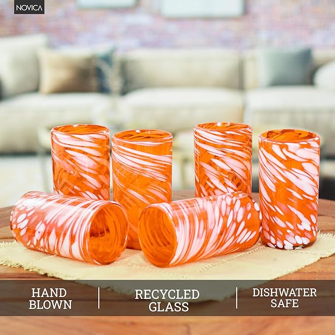 NOVICA Artisan Crafted Handblown Recycled Tumblers Glass | Striped Juice Drinkware | Tableware Glasses | Elegant Style | Emerald Orange | Toxins Free | Mexico 6" H x 3.1" Diam. (Set Of 6)