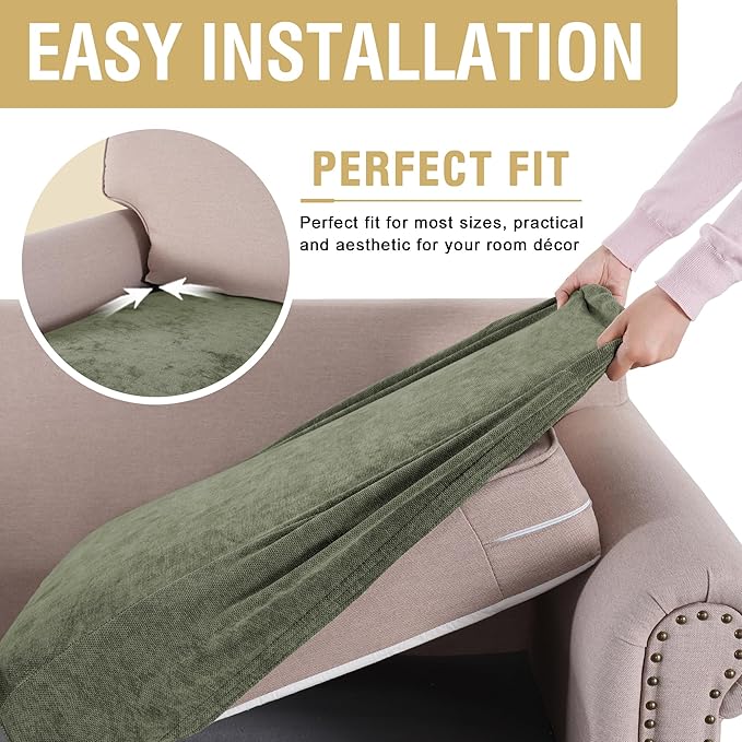 H.VERSAILTEX Stretch Chenille Couch Cushion Cover Soft Sofa Covers Individual Seat Couch Slipcover Sets Furniture Protector Seat Cushion Sofa Cover (3 Piece Sofa Cushion Covers, Tea Tree)