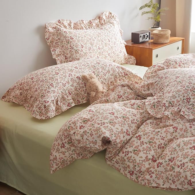 Pink Flower Duvet Cover with Ruffle Pillowcases 100% Cotton Floral Bedding Set Twin Teen Girls Aesthetic Flower Comforter Cover Cottagecore Garden Style Boho Floral Duvet Cover with Zipper Closure