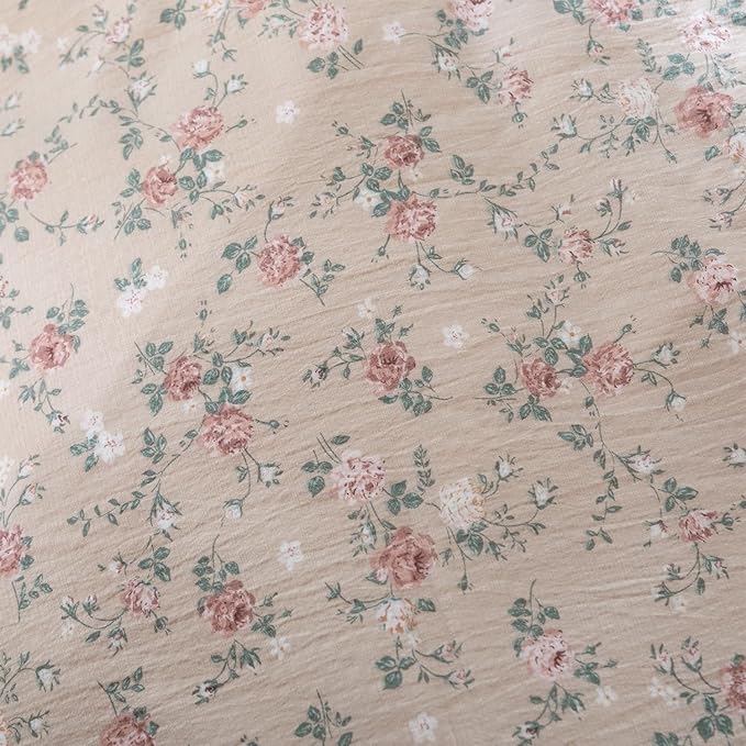 Queen Size Comforter Set Floral Soft 3 Pieces Chic Crinkle Gauze Fabric Garden Style Vintage Floral Print Botanical Comforter for All Seasons Luxury Warmth Comfy Breathable with 2 Pillowcases