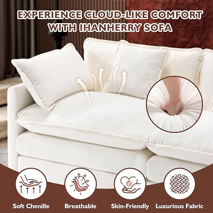 Ihanherry Cloud Sofa 77 Inch Loveseat, Modern Sectional Couch, 2-Seats Sofa for Living Room Bedroom and Apartment, Comfy Double Layer Upholstered Seat Cushion, Breathable Chenille Fabric, Beige