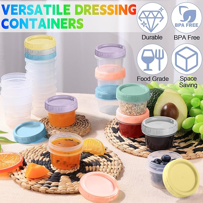 12pcs 2 oz Salad Dressing Container To Go Small Sauce Containers with Lids, Reusable Condiment Cups for Lunch Box, Leakproof, Freezer, Microwave & Dishwasher Safe