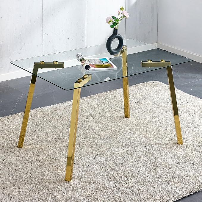 Dining Table Set of 4,51" Rectangle Tempered Glass Tabletop with Golden Metal Legs,Kitchen Room Table with 4 Light Grey Faux Leather Chairs,Dinner Table Set for Dining Room Office