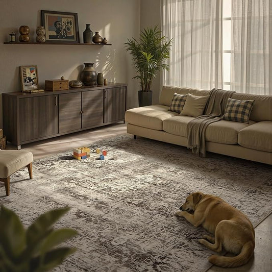 Lahome Beige Washable Rugs for Living Room 8 x 10 Large Living Room Rug Indoor Carpet,Boho Vintage Distressed Non-Slip Low-Pile Accent Bedroom Carpet for Dining Room Office Playroom(8x10,Beige)