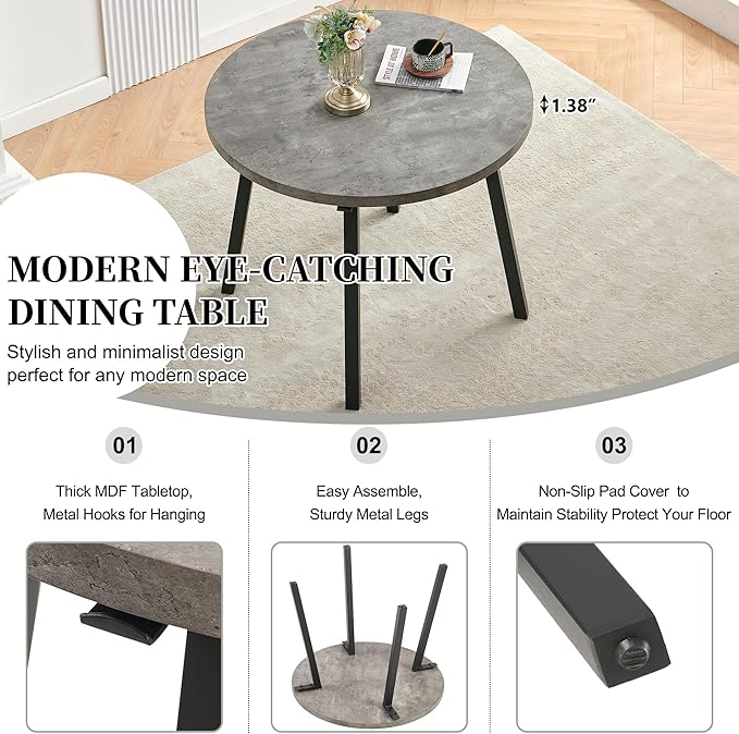 5-Piece Round Table Set for 4, 37.4" Grey Round Table with Hooks, Solid MDF Tabletop, Industrial Kitchen Table with Brown PU Dining Chairs for Living Room, Dining Room