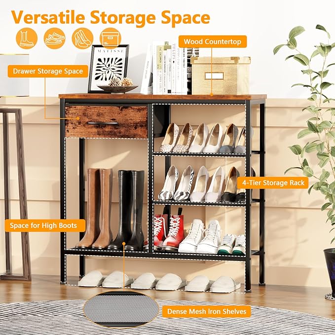 Furnulem Entryway Table Industrial 31.5" Sofa Console Table with Metal Mesh Shelf,Storage Fabric Drawer 4-Tier Shoe Rack Side Furniture for Front Door,Foyer Wooden Top, Sturdy Steel Frame,Rustic Brown