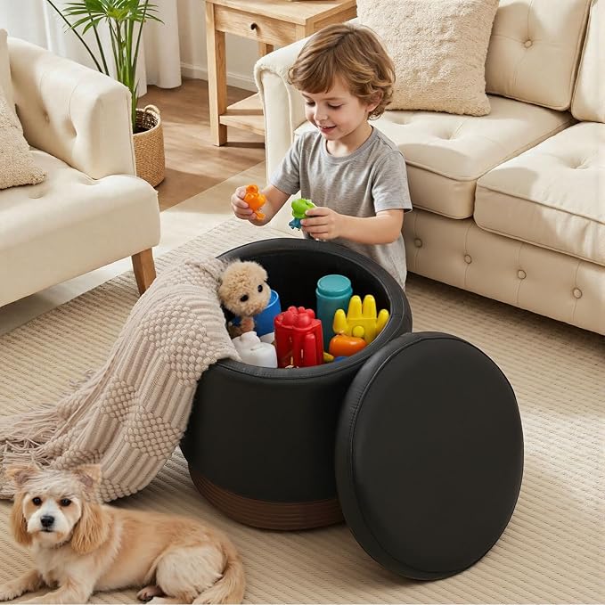 Round Storage Ottoman,Swivel Vanity Stool-Leather Foot Rest,Upholstered Footstool Pouf with Sturdy Acacia Wood Frame(500 lbs),Small Coffee Table & Hidden Storage Ottoman for Living Room