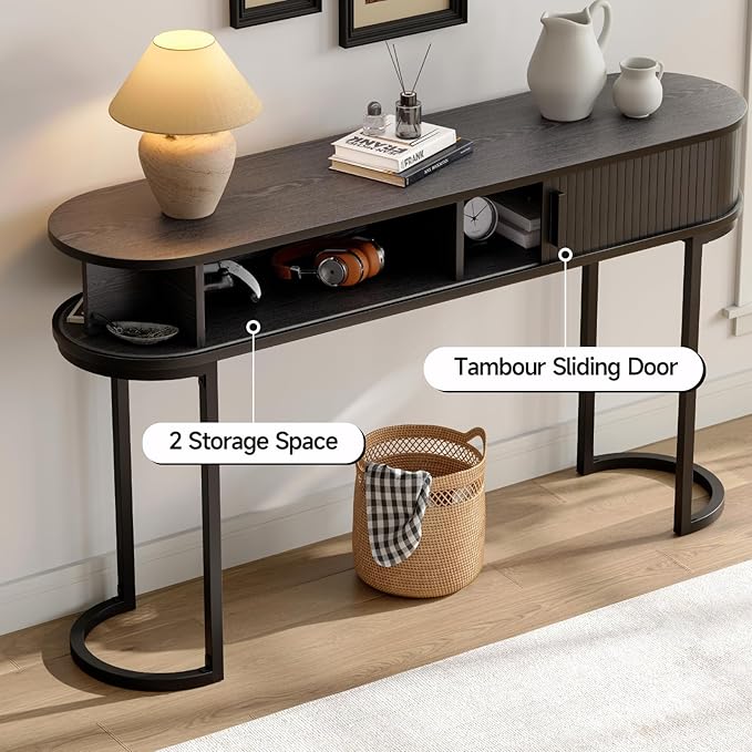 ONBRILL 55 Inch Console Table with 2 Drawers, Entryway Table with Sliding Door, Long Sofa Table Behind Couch w/Metal Leg, Mid-Century Modern Console Table for Entryway, Hallway, Living Room,Black