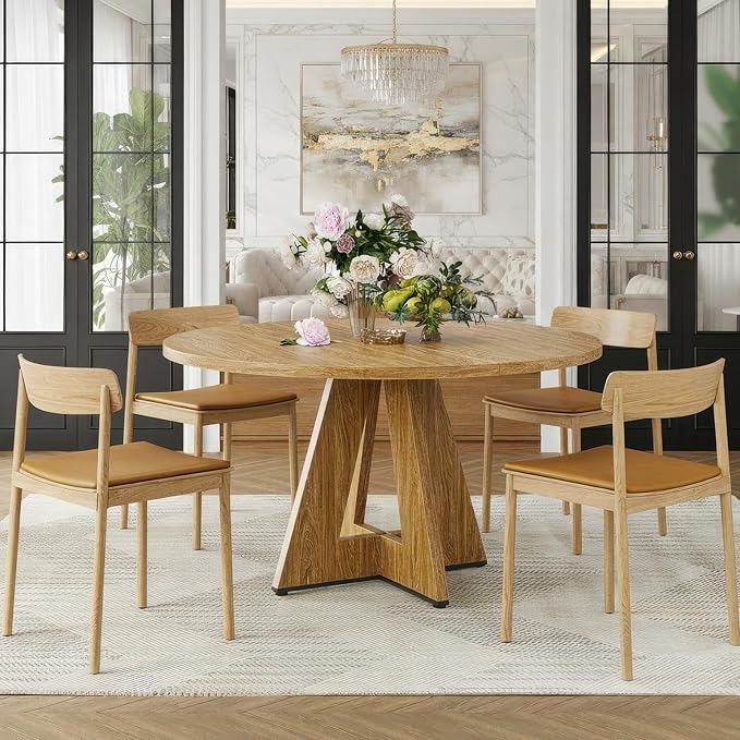 Farini 47" Round Dining Table for 4-6,Modern Kitchen Room Table with Wood Top & Sturdy Metal Base,Large Round Dinner Table for Dining Room,Walnut
