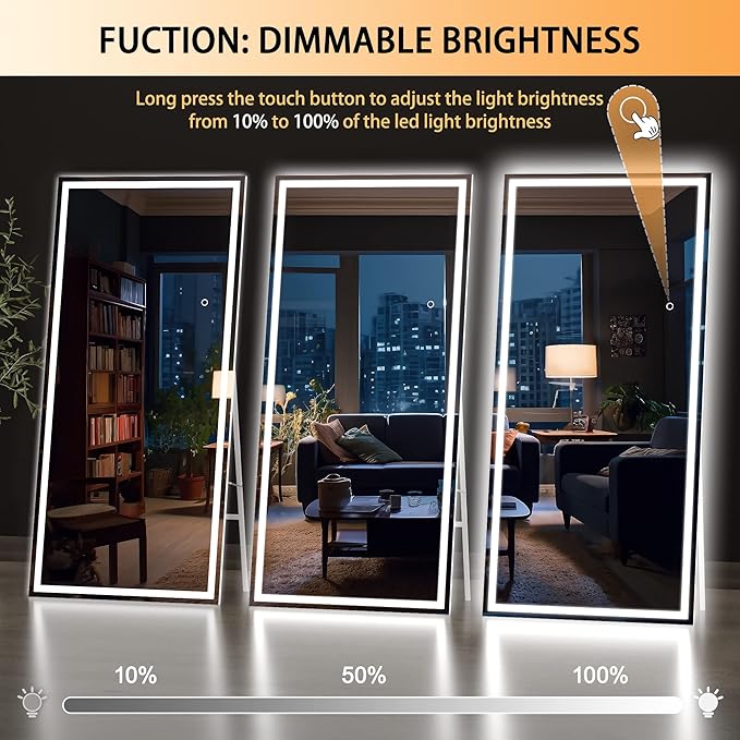 Hasipu Full Length Mirror with Lights, 79" x 32" LED Lighted Floor Standing Mirror, Full Body Dressing Hanging Mounted Mirrors, Dimmable, Tempered Glass, Safe to Use, Square White