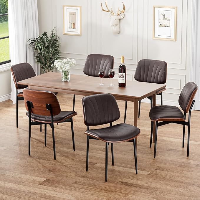 Dining Chairs Set of 6, Mid-Century Modern Upholstered PU Leather Chairs with Walnut Bentwood Back and Metal Legs Adjustable Feet for Kitchen Dining Room, Dark Brown Shell Strips
